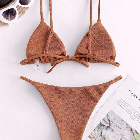 ZAFUL Triangle Bikini Cami String Swimwear Texture High Cut Thong Swimsuit XS - Picture 9 of 10